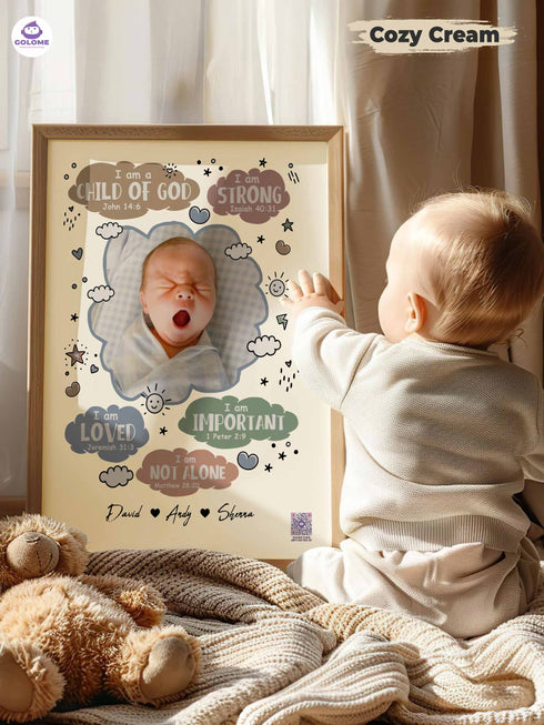 Personalized Baby “I Am” Cloud Poster – Christian Nursery Wall Art with Custom Photo & Bible Verses